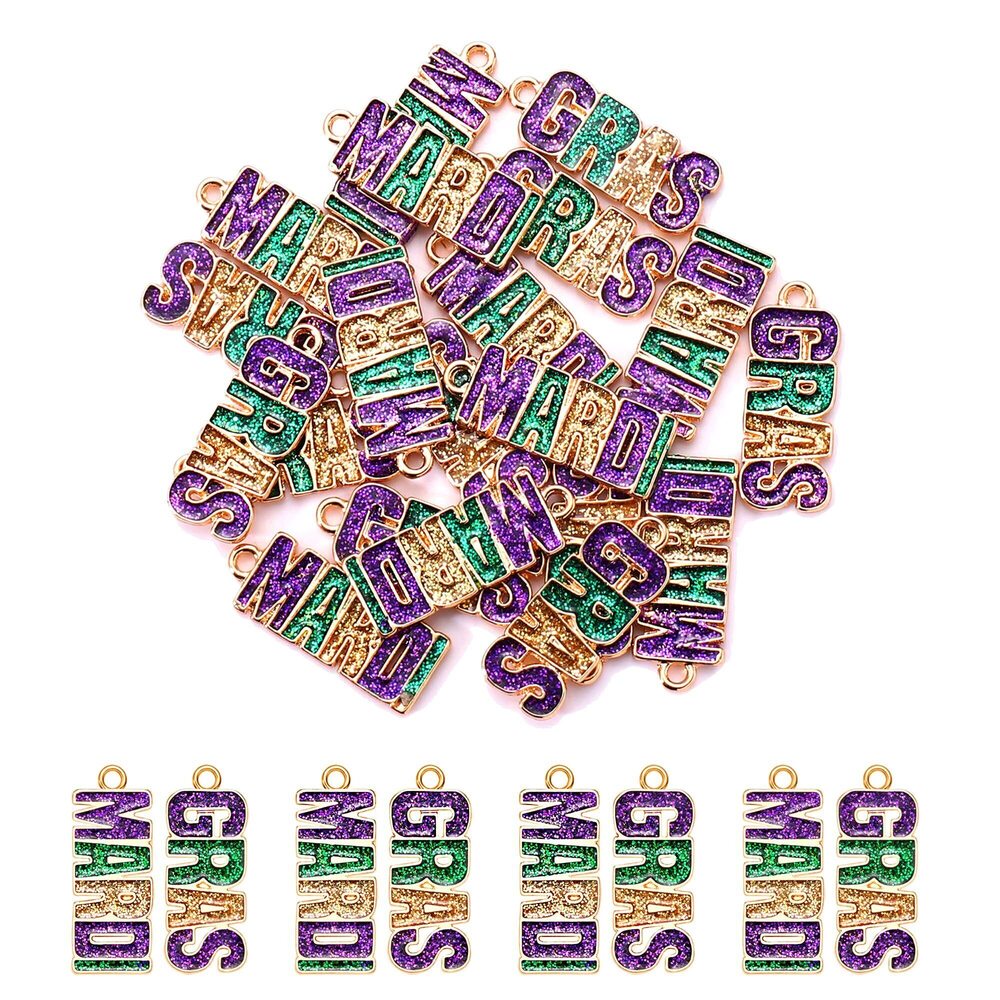 7263 20PCS Mardi Gras Charms for Jewelry Making, Purple Green Gold Letter